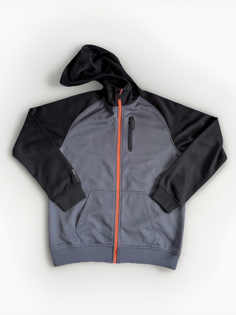 FoxTech Riding Moto Bonded Thermal Full Zip Hoodie Black Grey Orange Jacket L